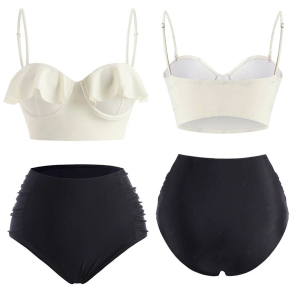 Push-Up Ruffled Tankini Set – Black & Ivory, Sweetheart Neckline, High-Waisted S - Picture 3 of 16